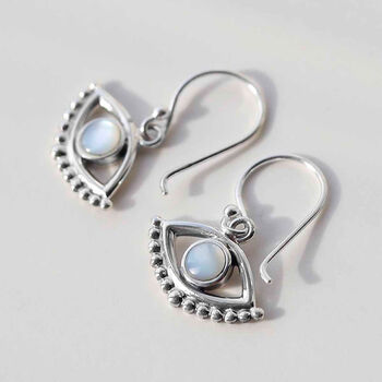 Sterling Silver Gemstone Evil Eye Dangly Earrings, 8 of 10