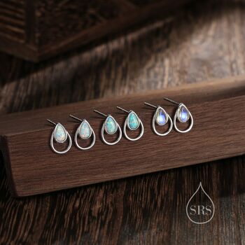White Opal Double Droplet Stud Earrings Sterling Silver, 5 of 12