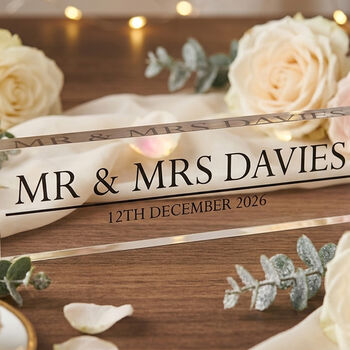Personalised Mr And Mrs Acrylic Block Wedding Top Table Keepsake With Names, 3 of 5
