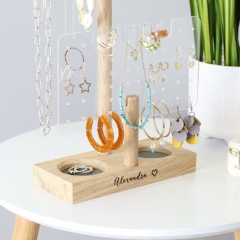 Personalised Earring Stand In Light Oak And Acrylic, 7 of 11