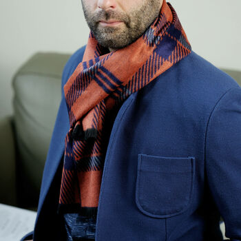 Men's Personalised Bold Orange Blue Check Scarf, 8 of 11