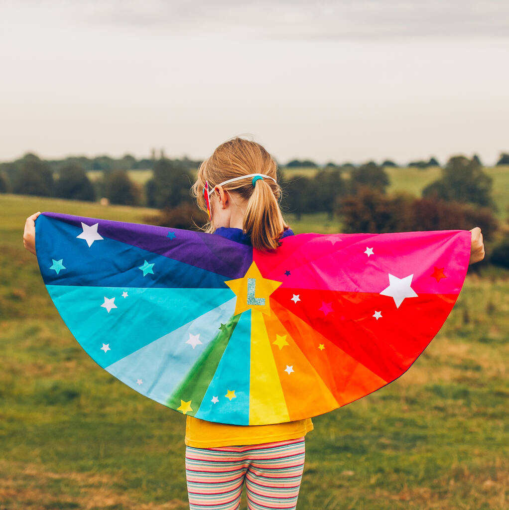 Personalised Superhero Cape Superstar Rainbow With Name, 1 of 12
