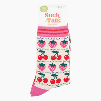 Women's Bamboo Socks Cream, Strawberry Cherry Fair Isle, 3 of 4