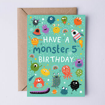 Monster Birthday Card, Boys 5th Birthday Card, Aliens, 2 of 3