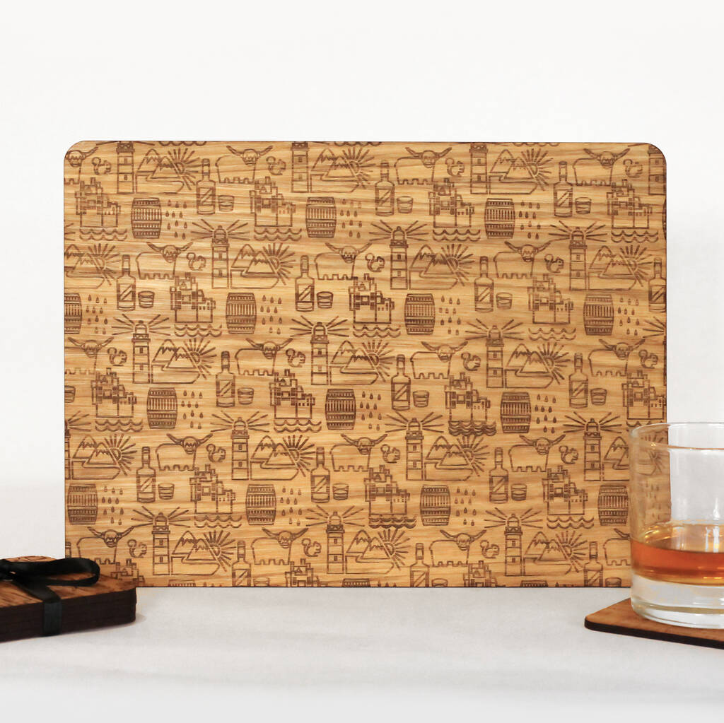 Four Oak Engraved Whisky Placemats By Skye Folk