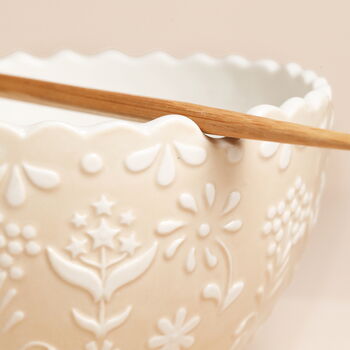 Pink Floral Scalloped Edge Ceramic Ramen Bowl And Chopsticks Set, 4 of 4