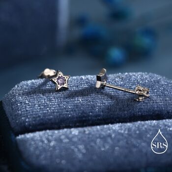 Tiny Amethyst Purple Cz Star Stud Earrings In Sterling Silver, 4 of 12