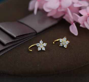 Uncoloured Forget Me Not Flower Cz Huggie Hoop Earrings, 4 of 11