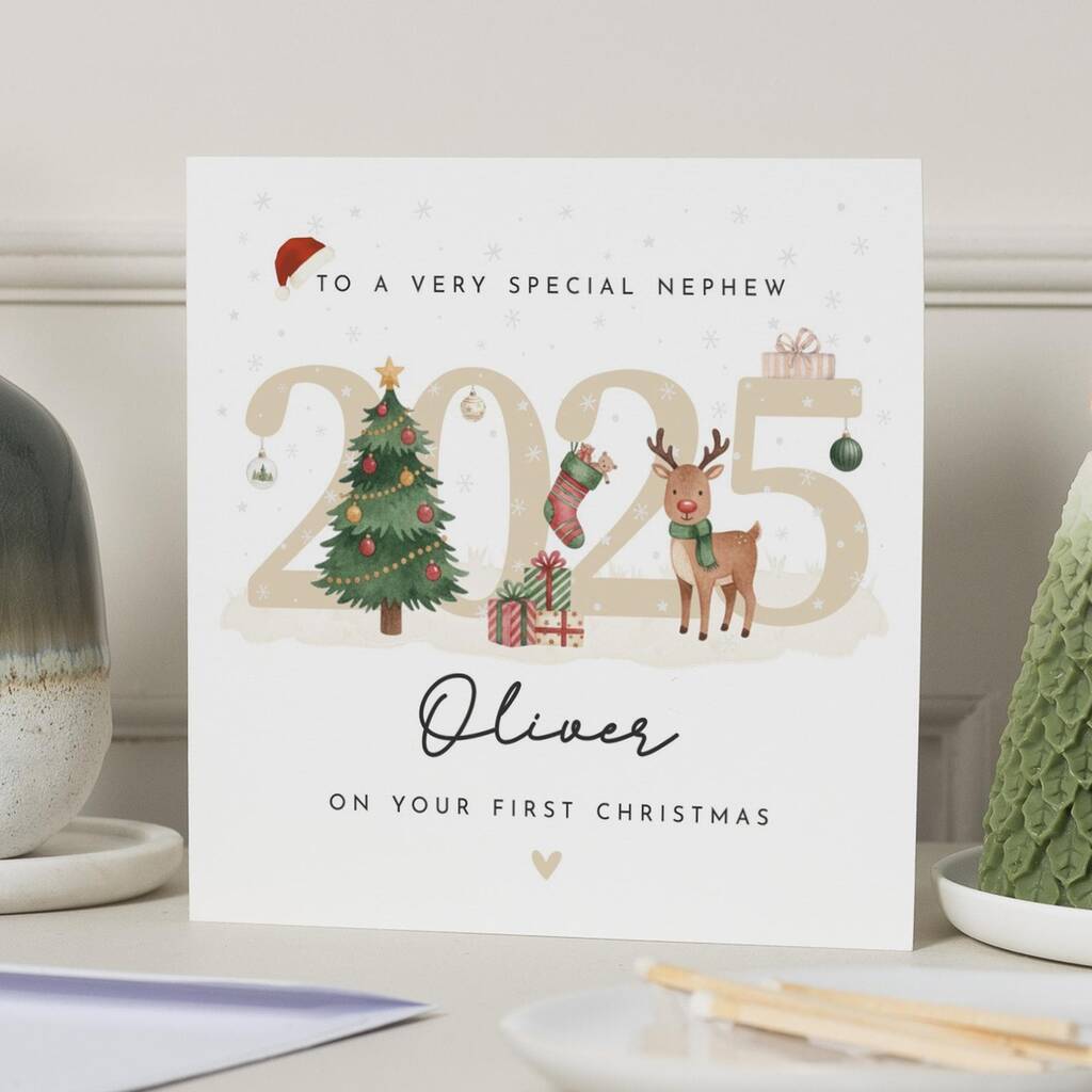 Personalised Nephew First Christmas Card 2025 Reindeer, 1 of 7