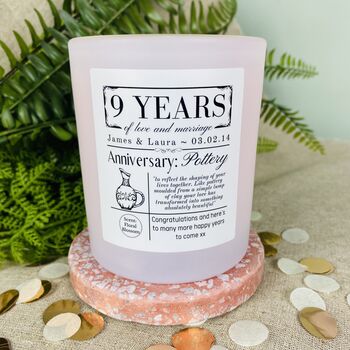 Personalised 9th Pottery Anniversary Meaning Candle, 3 of 11