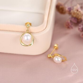 Sterling Silver Genuine Freshwater Pearl And Mobius Circle Dangle Drop Earrings, 2 of 12