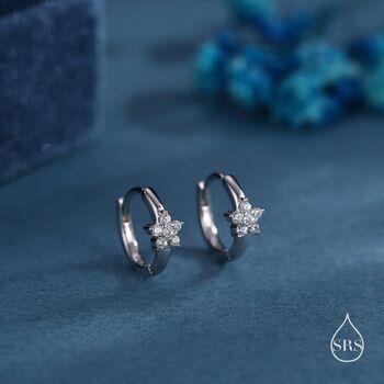 Clear Cz Flower Huggie Hoop Earrings In Sterling Silver, 6 of 11