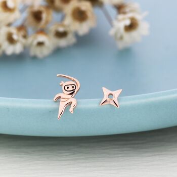 Tiny Mismatched Ninja And Ninja Shuriken Star Stud Earrings In Sterling Silver, 5 of 12