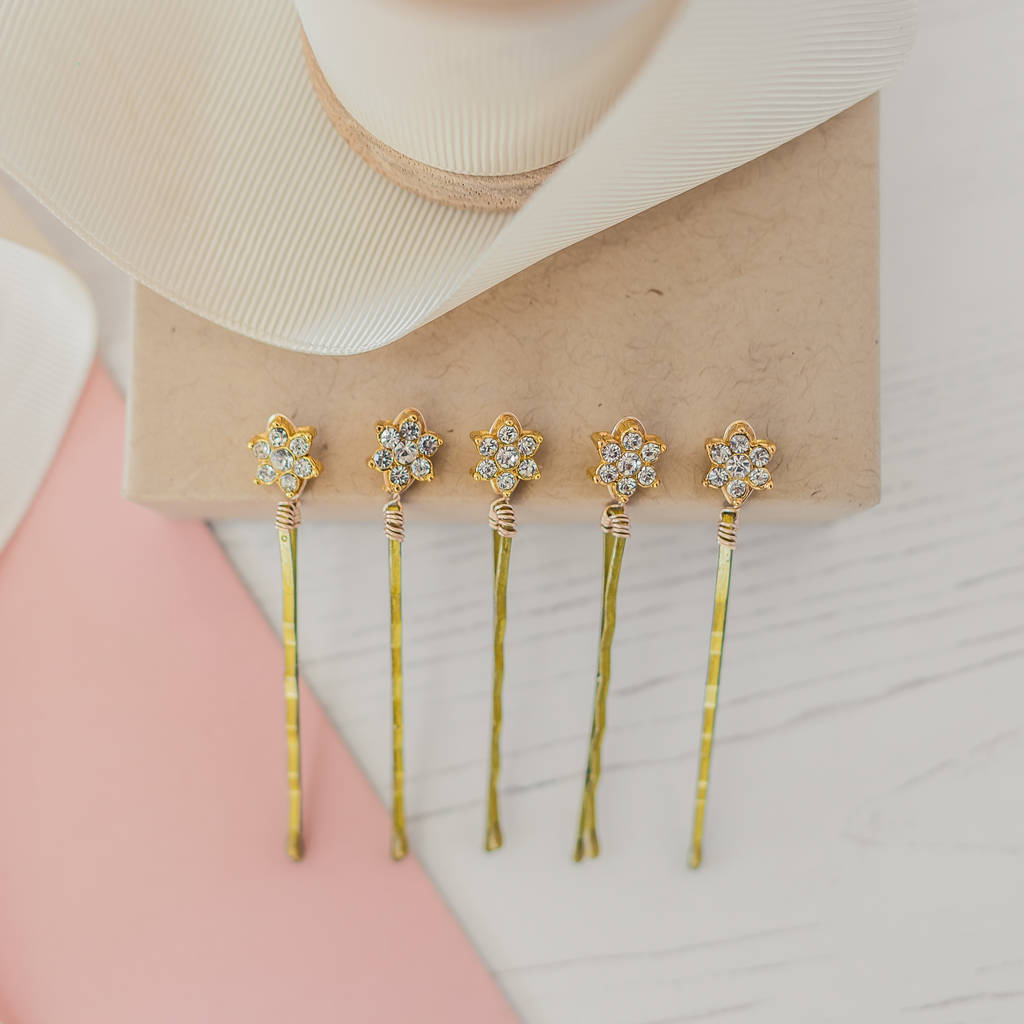 Set Of Five Gold Diamante Flower Hair Pins By Melissa Designs