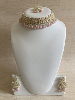 Green And Pink Pearl Lightweight Gold Plated Indian Set, 2 of 9