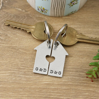 Housewarming Gift House Shaped Pair Of Personalised Keyrings With Cutout Heart, 4 of 6