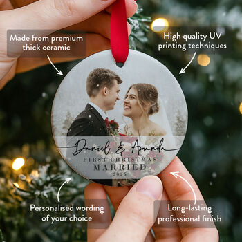 First Christmas Married Ceramic Photo Ornament 2025, 3 of 8
