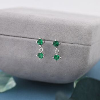 Tiny Emerald Green Double Cz Dangle Stud Earrings, 2 of 10