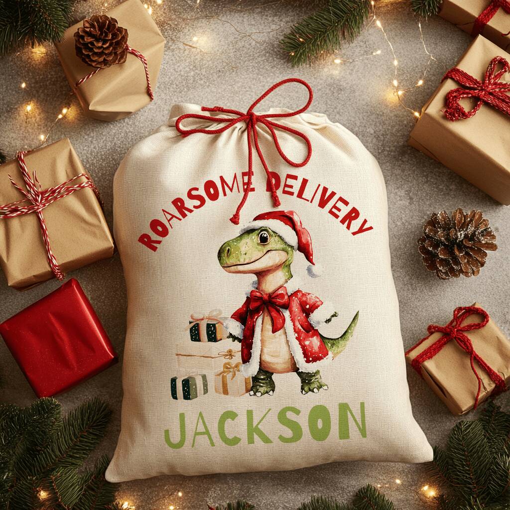 Personalised Christmas Sack Dinosaur Design, 1 of 5