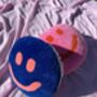 Handmade Tufted Blue And Coral Smiley Face Cushion, thumbnail 4 of 5