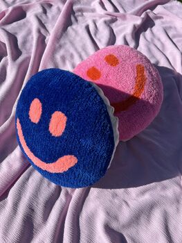 Handmade Tufted Blue And Coral Smiley Face Cushion, 4 of 5