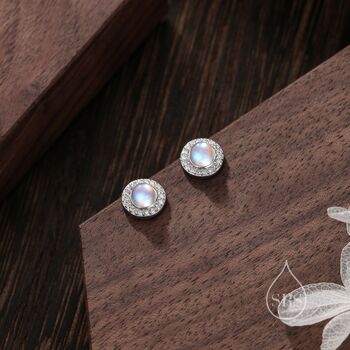 Moonstone Cz Halo Stud Earrings In Sterling Silver, 2 of 8