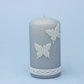 G Decor Emilie Butterfly Grey Lace Pillar Candle, 5 of 5