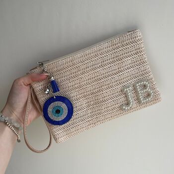 Personalised Straw Patch Turkish Eye Pouch Wristlet Clutch Bag, 3 of 6