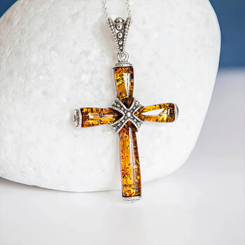 Mens Sterling Silver Baltic Amber Cross Necklace, 3 of 12