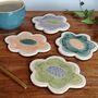 Flower Shaped Ceramic Coasters In Purple And Green, thumbnail 4 of 6