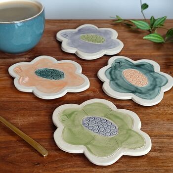 Flower Shaped Ceramic Coasters In Purple And Green, 4 of 6