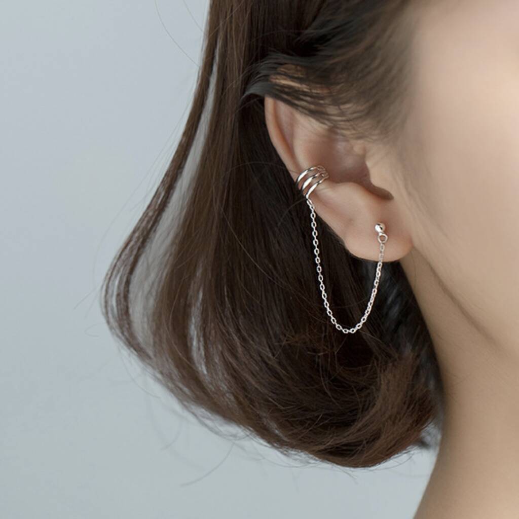 Sterling Silver Single Stud Earring With Attached Cuff, 1 of 6