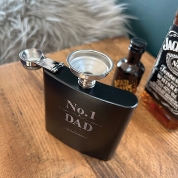 Personalised No.One Dad Scroll Engraved Black Metal Hip Flask 6oz, 4 of 7