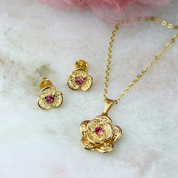 Flower And Pink Diamante Necklace And Earrings Set, 2 of 9