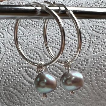 Grey Pearl Earrings Sterling Silver Hoops With Pearls, 2 of 4