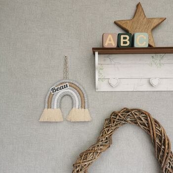 Macrame Rainbow Personalised,Beige Nursery Wall Hanging, 11 of 12