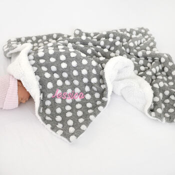 Personalised Spotty Grey And White Sherpa Baby Blanket, 4 of 8