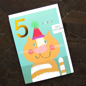 Gold Foiled Cat 5th Birthday Card, 3 of 5