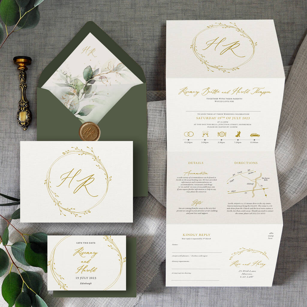 Gold Wreath Concertina Wedding Invitation, 1 of 4
