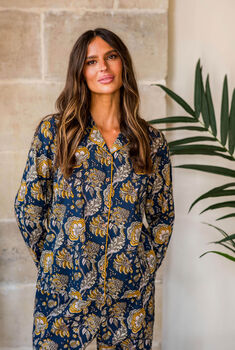 Indian Cotton Midnight Marigold Print Pyjama Set, 3 of 4
