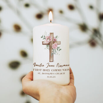 Floral Cross Holy Communion White Wax Pillar Candle, 3 of 4