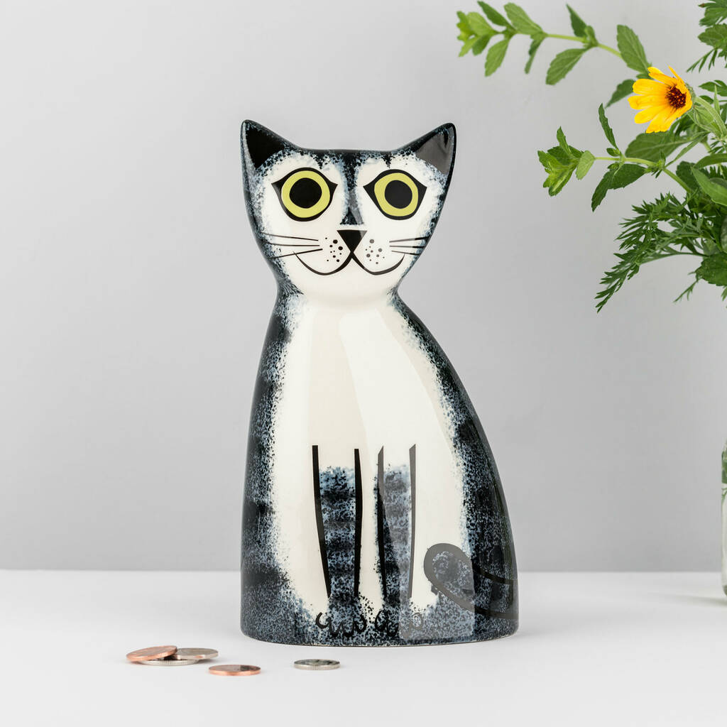 Handmade Ceramic Tabby Grey Cat Money Bank, 1 of 3