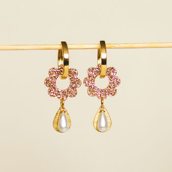 18 K Gold Plated Hoop Earrings With Flower And Pearl Drop, 5 of 11