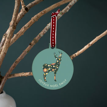 Personalised 'Joyeux Noel' Pattern Deer Bauble, 3 of 7