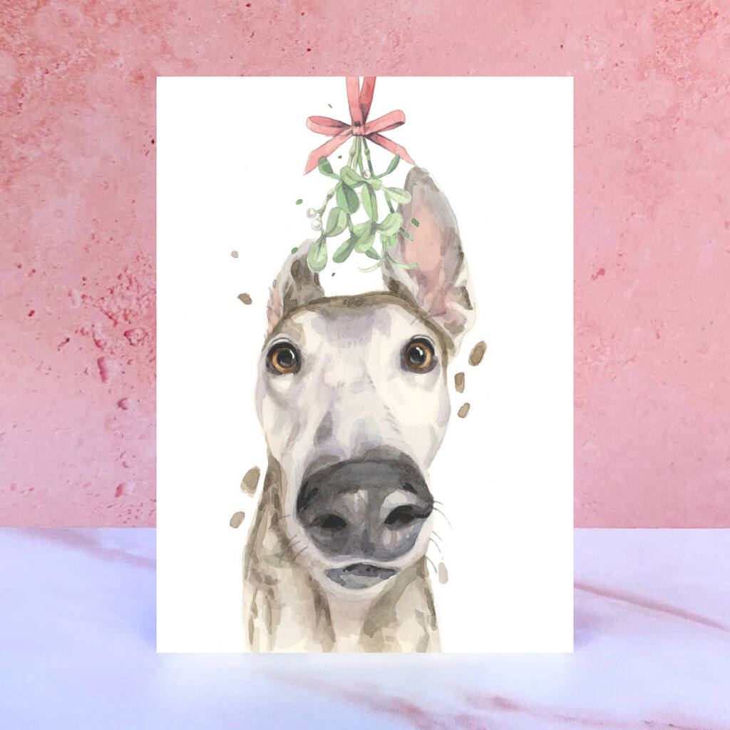 Greyhound Mistletoe Christmas Card By Handpainted Dog Art Prints