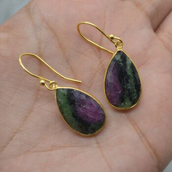 Ruby Zoisite Earrings: Gold Plated Silver, Anyolite, Teardrop Or Rectangular Dangle Drop, 10 of 12