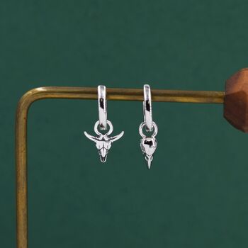 Sterling Silver Mismatched Bull Skull And Bird Skull Hoop Earrings, 4 of 12