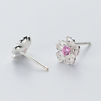 Sterling Silver White, Pink Or Purple Flower Stud Earrings, 2 of 4