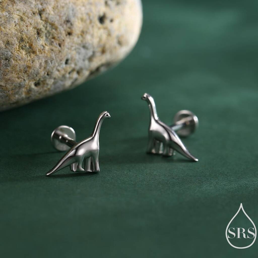 Dinosaur Internally Threaded Flat Back Earrings In Sterling Silver, 1 of 9