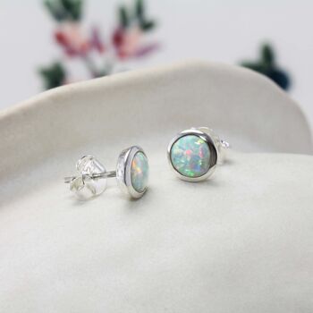 Round White Opal Silver Stud Earrings, 4 of 10